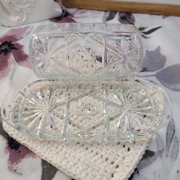 Vintage Anchor Hocking Star of David Crystal Covered Butter Dish Glass - Picture 4 of 6